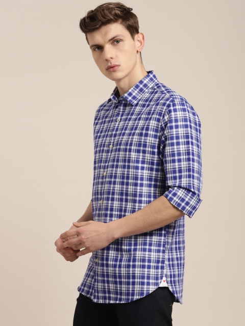 

INVICTUS Men Blue & White Slim Fit Cotton Linen Checked Casual Shirt