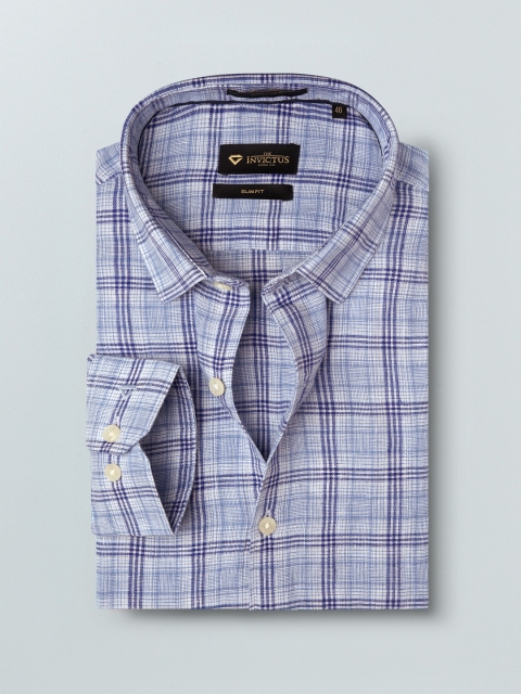 

INVICTUS Men Blue & White Slim Fit Checked Pure Linen Formal Shirt