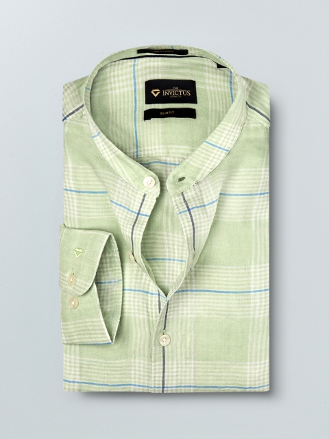 

INVICTUS Men Green & White Slim Fit Checked Pure Linen Formal Shirt