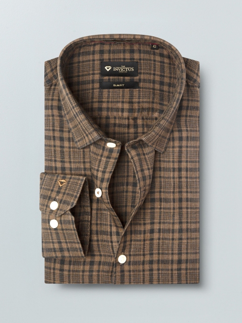 

INVICTUS Men Brown & Black Slim Fit Checked Pure Linen Formal Shirt