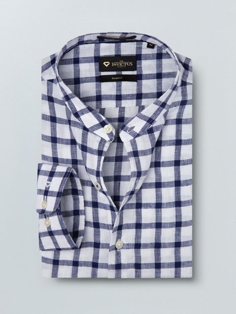 

INVICTUS Men Blue & White Slim Fit Checked Pure Linen Formal Shirt