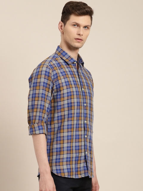 

INVICTUS Men Blue & Mustard Yellow Slim Fit Cotton Linen Checked Casual Shirt