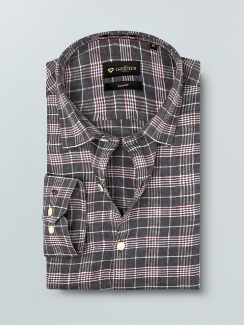 

INVICTUS Men Grey & White Slim Fit Checked Pure Linen Formal Shirt