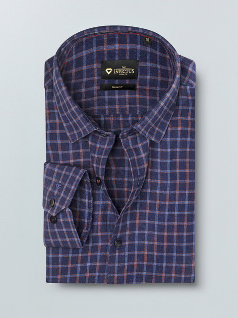 

INVICTUS Men Navy Blue & Orange Slim Fit Checked Pure Linen Formal Shirt