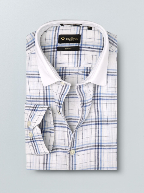 

INVICTUS Men White & Blue Slim Fit Checked Pure Linen Formal Shirt