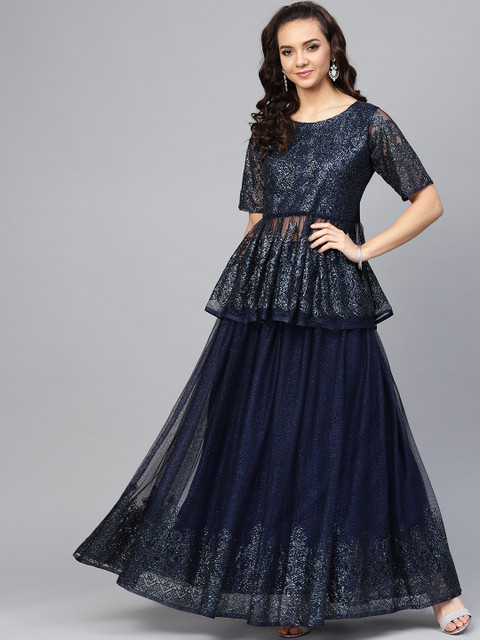 

Ahalyaa Women Navy Blue Shimmery Top with Skirt