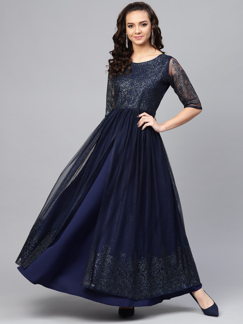 

Ahalyaa Women Navy Blue Printed Layered Maxi Dress