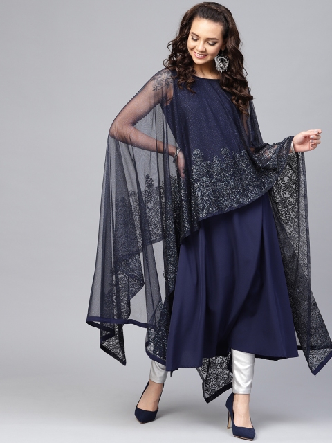 

Ahalyaa Women Navy Blue Solid Shimmery Cape A-Line Kurta