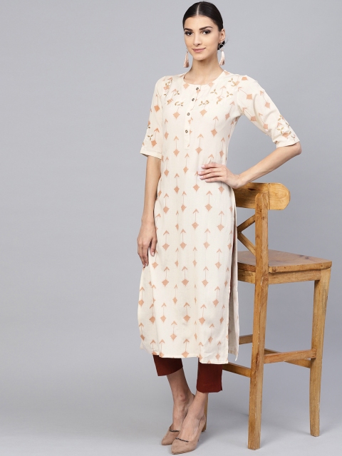 Libas Women Beige & Brown Printed Straight Kurta