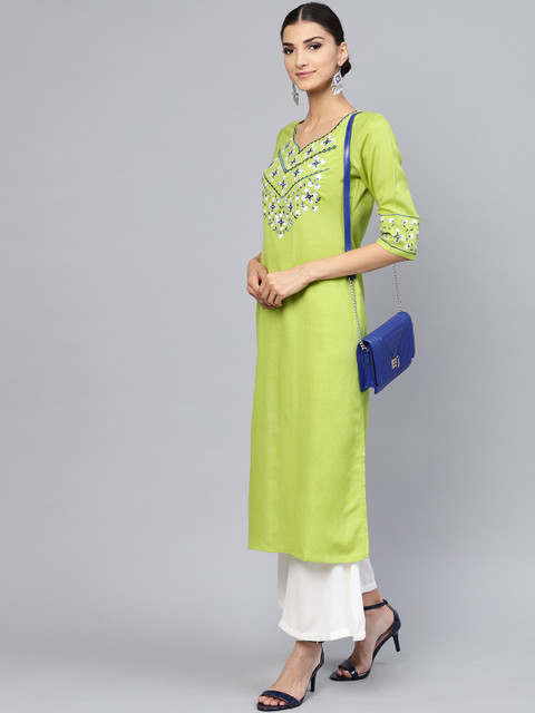 

Libas Women Green Yoke Design Straight Kurta
