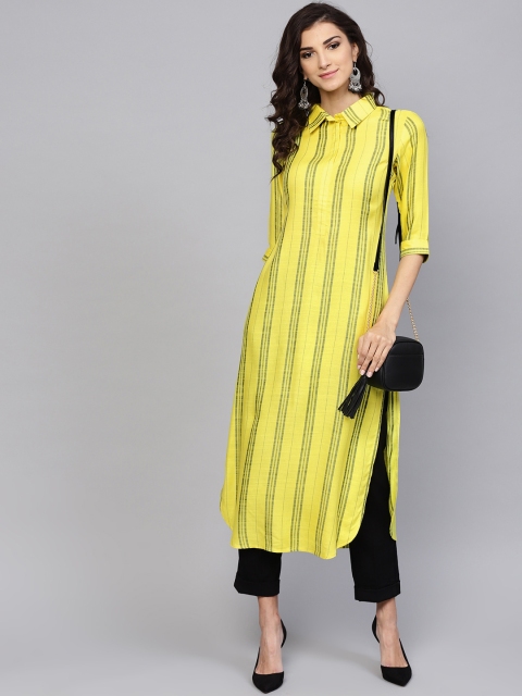 

Libas Women Yellow & Black Striped Pathani Kurta