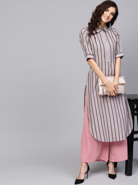 

Libas Women Grey & Black Self Striped Pathani Kurta