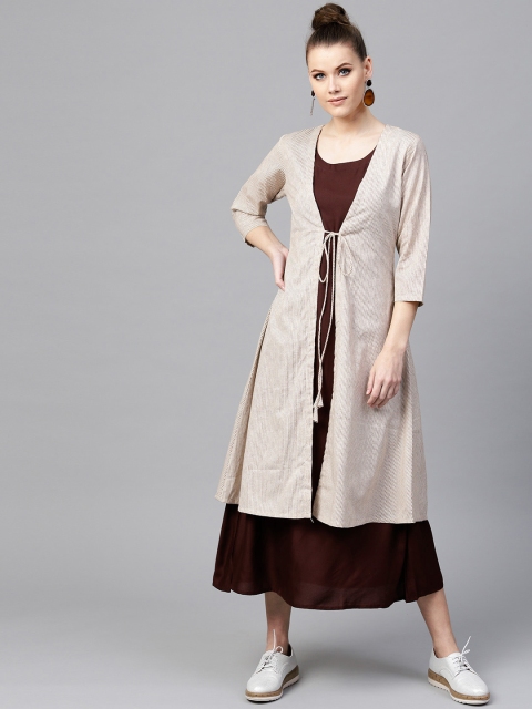 

Libas Women Brown & Beige Solid A-line Dress with Ethnic Jacket