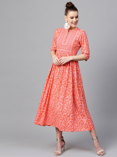 

Libas Women Coral Orange Printed A-Line Dress