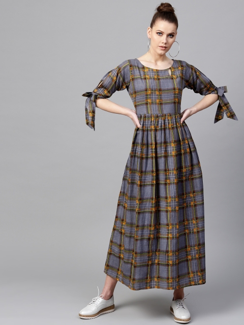 

Libas Women Grey & Orange Checked Maxi Dress