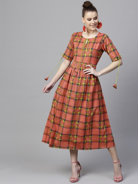 

Libas Women Coral Red & Black Checked Maxi Dress