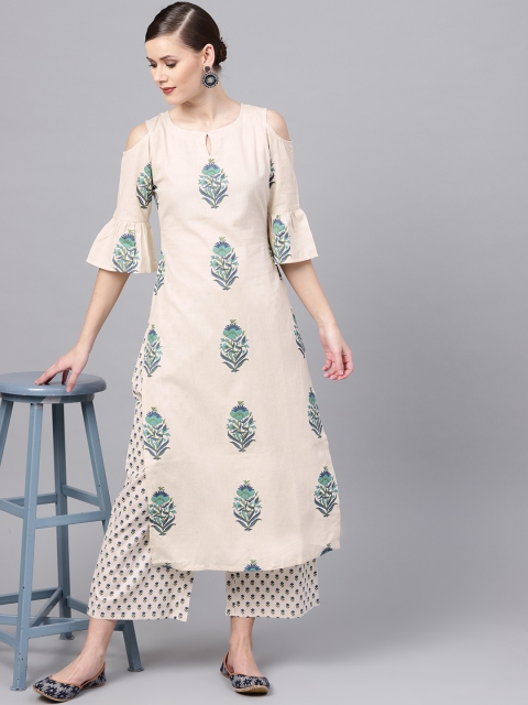 

Libas Women Off-White & Green Cold-Shoulder Printed Kurta with Palazzos
