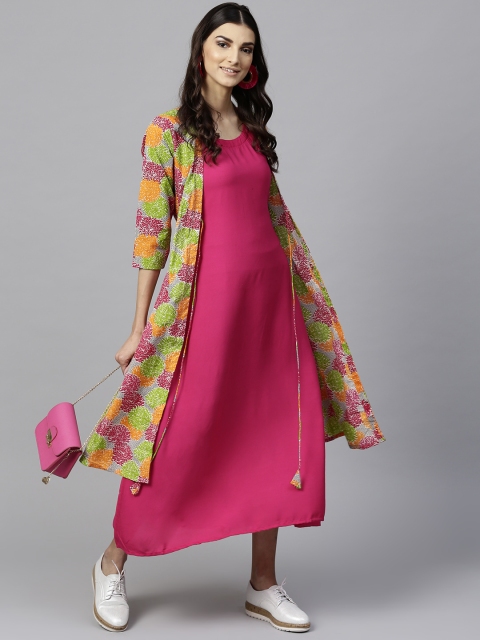 

Libas Women Pink & Green Solid Maxi Dress with Ethnic Jacket