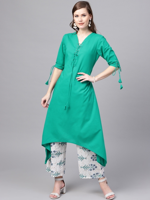 

Libas Women Green & White Solid Kurta with Palazzos