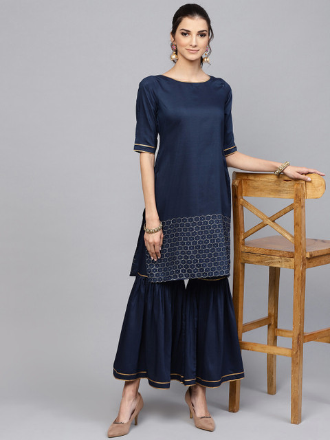

Libas Women Navy Blue Solid Kurta with Sharara