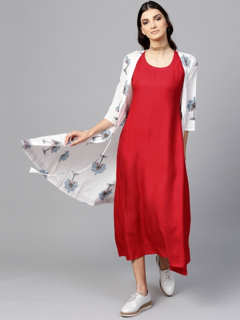 

Libas Women Red & White Solid Maxi Dress with Ethnic Jacket