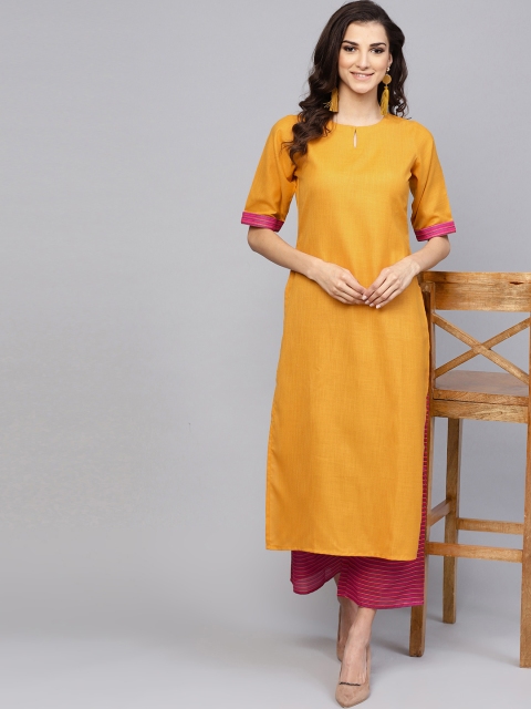 

Libas Women Mustard Yellow & Magenta Solid Kurta with Palazzos