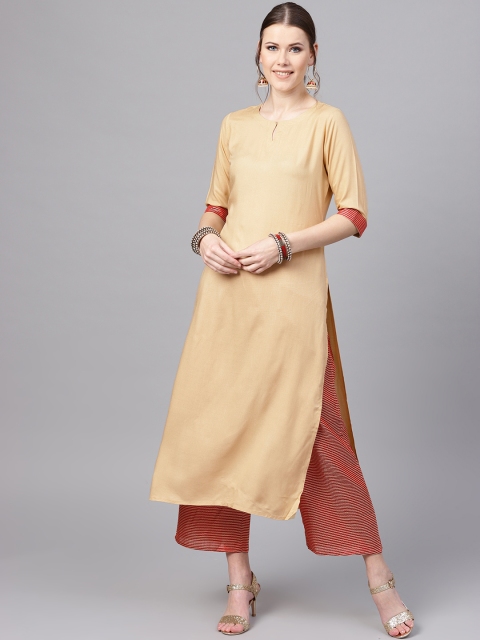 

Libas Women Beige & Rust Orange Solid Kurta with Palazzos