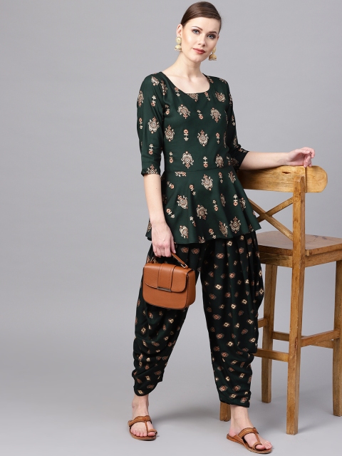 

Libas Women Green & Golden Block Print Kurti with Salwar