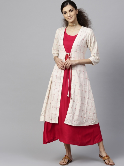 

Libas Women Red Solid Midi A-Line Dress with Ethnic Jacket