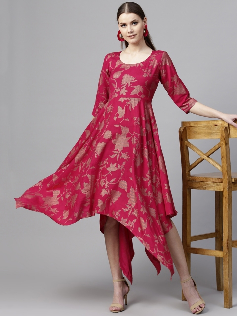 

Libas Women Magenta & Golden Block Print Midi A-Line Dress