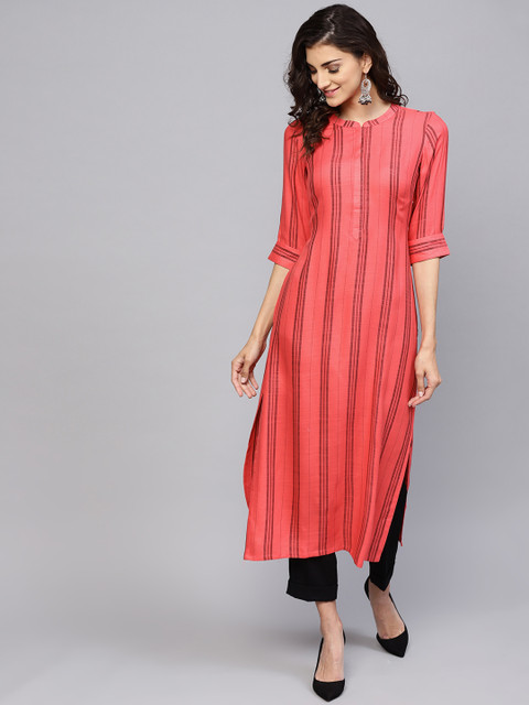 

Libas Women Coral Red & Black Striped Straight Kurta
