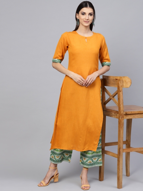 

Libas Women Mustard Yellow & Green Solid Kurta with Palazzos