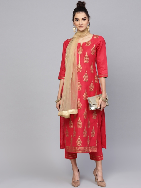 

Libas Women Red & Golden Printed Kurta with Trousers & Dupatta