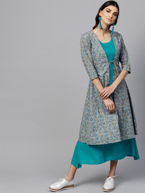 

Libas Women Blue & Taupe Printed A-Line Dress with Ethnic Jacket