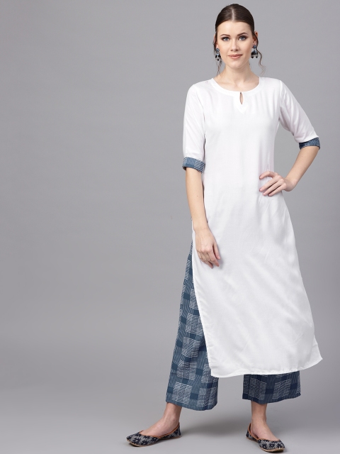 

Libas Women White & Navy Blue Solid Kurta with Palazzos