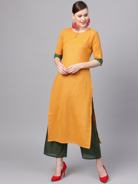 

Libas Women Mustard Yellow & Green Solid Kurta with Palazzos