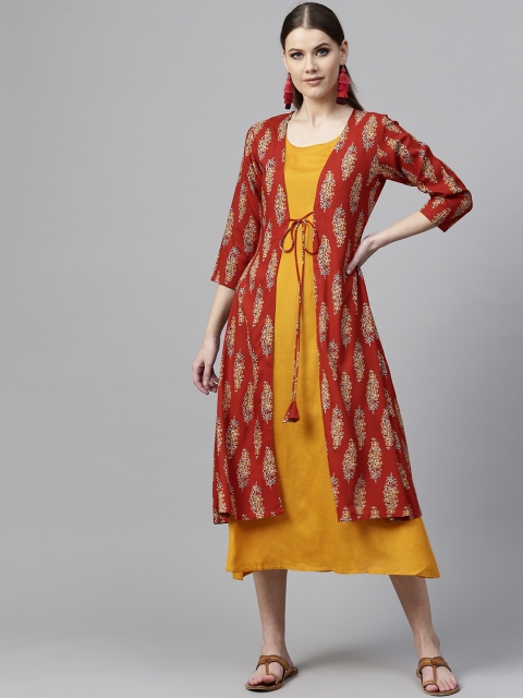 

Libas Women Mustard Yellow Solid A-Line Dress with Ethnic Jacket
