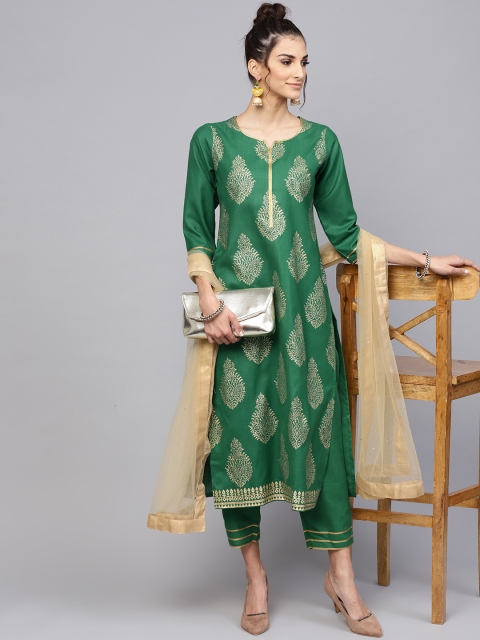 

Libas Women Green & Golden Printed Kurta with Trousers & Dupatta