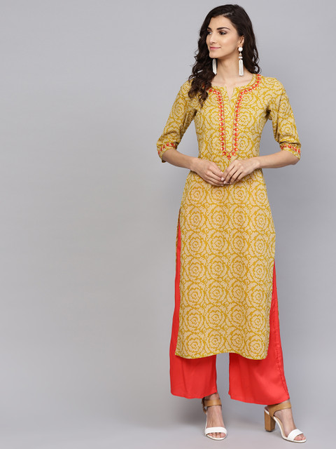 

Libas Women Mustard Brown & Beige Printed Straight Kurta