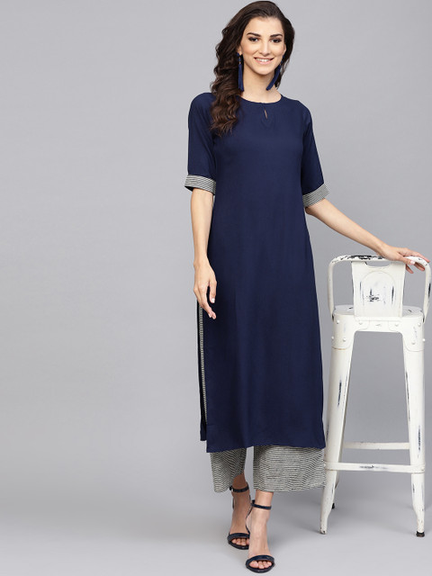 

Libas Women Navy Blue & Off-White Solid Kurta with Palazzos