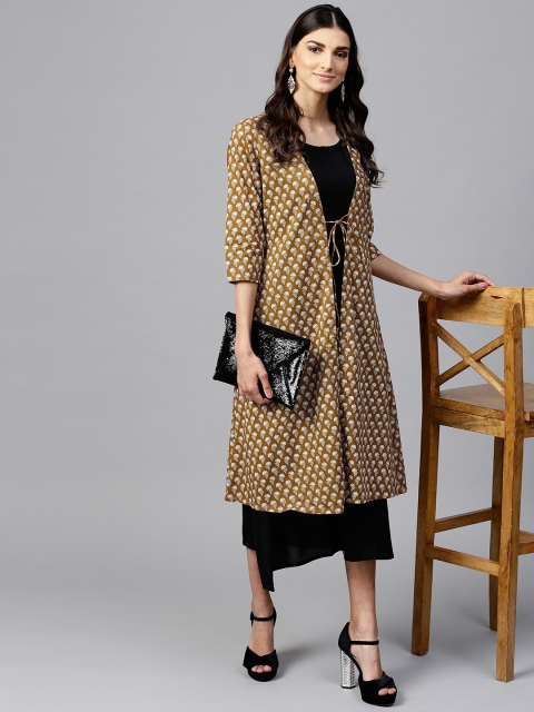 

Libas Women Black & Olive Green Solid A-Line Dress with Ethnic Jacket