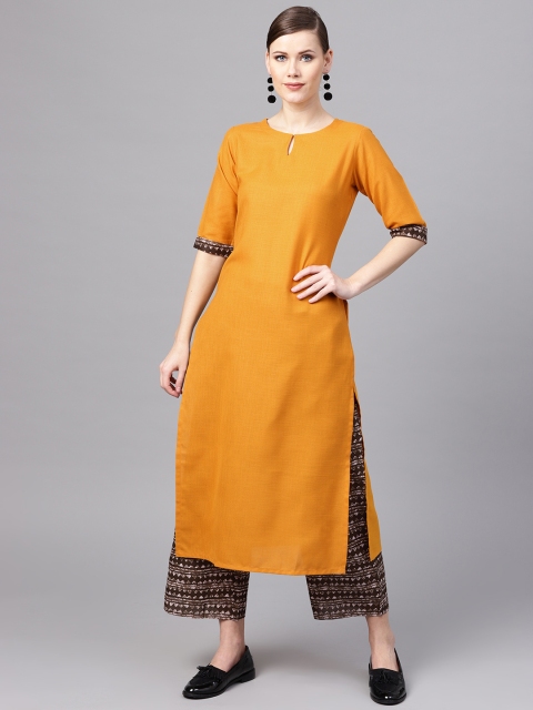 

Libas Women Mustard Yellow & Brown Solid Kurta with Palazzos