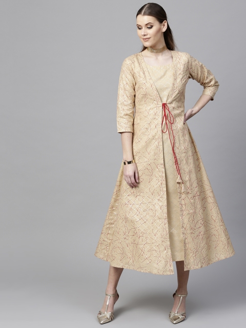 

Libas Women Beige Block Print Midi A-Line Dress with Ethnic Jacket