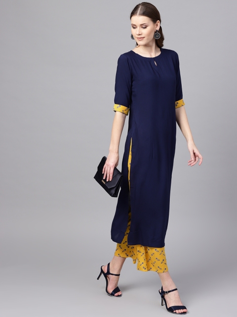

Libas Women Navy Blue & Yellow Solid Kurta with Palazzos