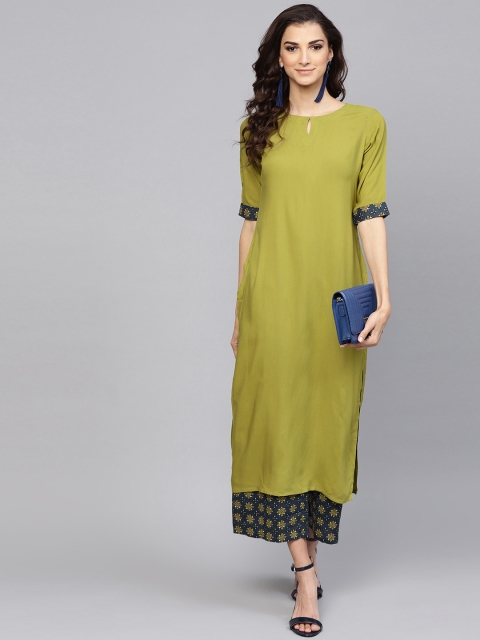 

Libas Women Green & Navy Blue Solid Kurta with Palazzos