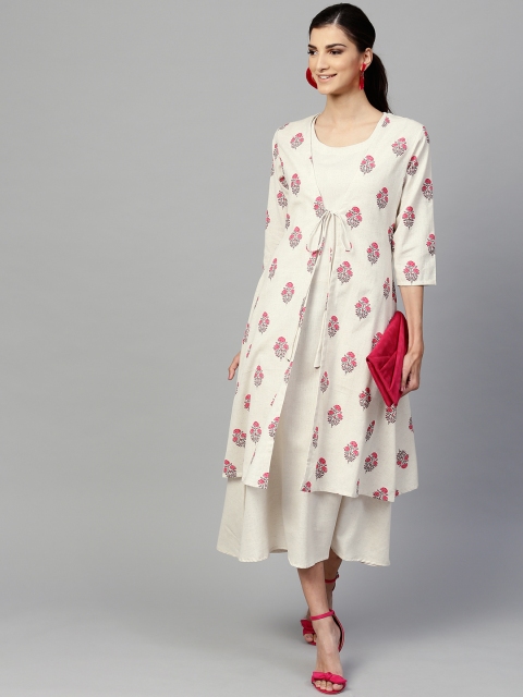 

Libas Women Off-White Solid Midi A-Line Dress with Ethnic Jacket