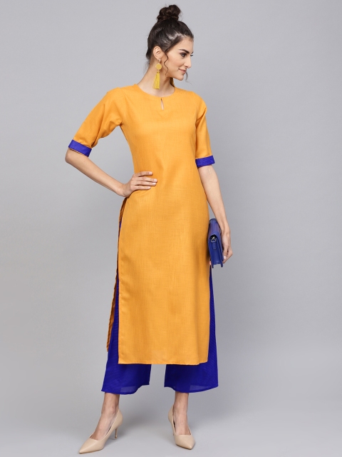 

Libas Women Mustard Yellow & Blue Solid Kurta with Palazzos
