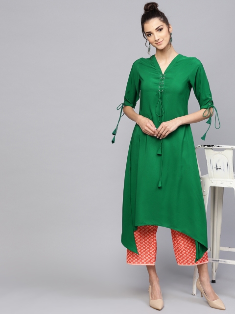 

Libas Women Green & Coral Orange Solid Kurta with Palazzos