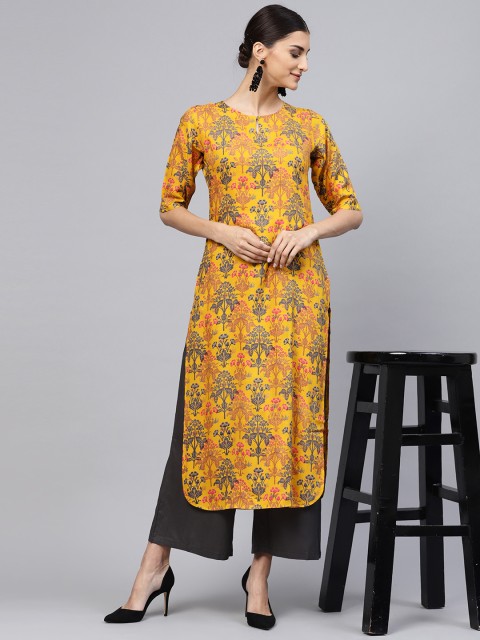 

Libas Women Yellow & Blue Printed Straight Kurta