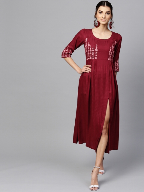 

Libas Women Maroon Embroidered A-Line Dress